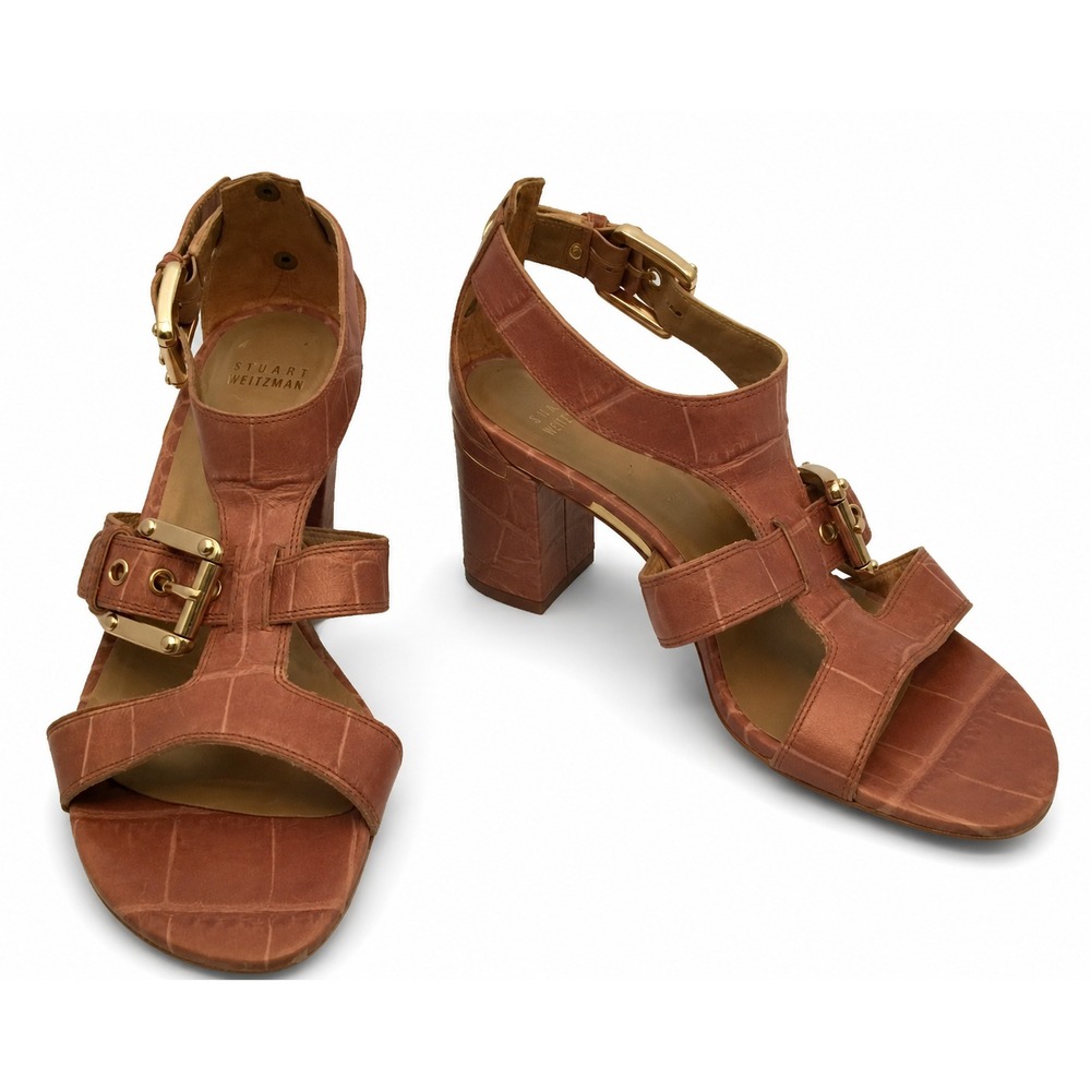 Stuart Weitzman Womens Strappy Sandal Heel Size 6M Beige Croc Embossed Leather